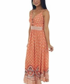 ANGIE Salmon Floral Print Front Twist Woven Maxi Dress Dresses