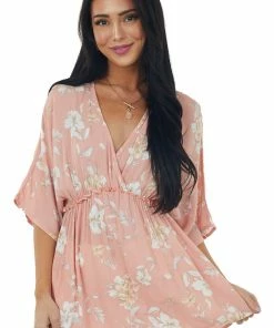 First Love Tops Salmon Floral Print Surplice Babydoll Blouse
