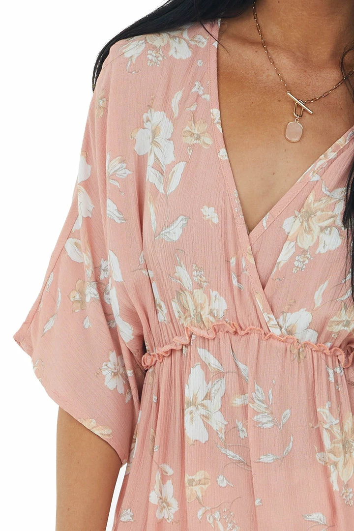 First Love Tops Salmon Floral Print Surplice Babydoll Blouse 8 First Love Tops Salmon Floral Print Surplice Babydoll Blouse