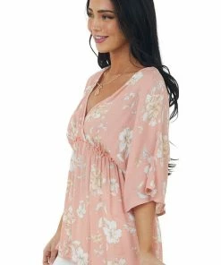 First Love Tops Salmon Floral Print Surplice Babydoll Blouse 11 First Love Tops Salmon Floral Print Surplice Babydoll Blouse