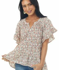 Umgee Salmon Floral Print Tiered High Low Blouse