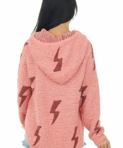 Prete Brands Tops Salmon Lightning Print Hooded Knit Sweater 12 Prete Brands Tops Salmon Lightning Print Hooded Knit Sweater