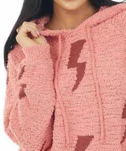 Prete Brands Tops Salmon Lightning Print Hooded Knit Sweater 13 Prete Brands Tops Salmon Lightning Print Hooded Knit Sweater