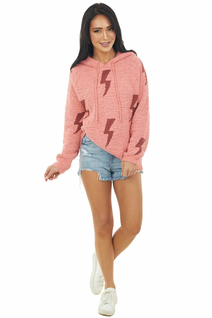 Prete Brands Tops Salmon Lightning Print Hooded Knit Sweater 4 Prete Brands Tops Salmon Lightning Print Hooded Knit Sweater