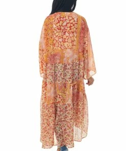 Umgee Salmon Multiprint Open Front Tiered Duster Kimono