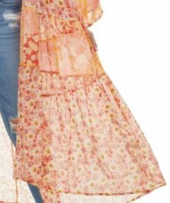 Umgee Salmon Multiprint Open Front Tiered Duster Kimono