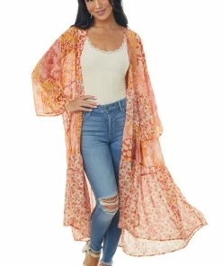 Umgee Salmon Multiprint Open Front Tiered Duster Kimono