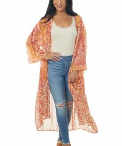 Umgee Salmon Multiprint Open Front Tiered Duster Kimono