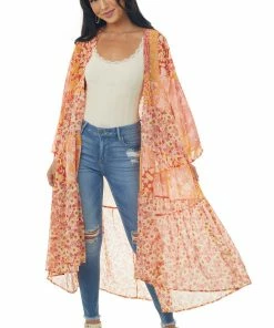 Umgee Salmon Multiprint Open Front Tiered Duster Kimono