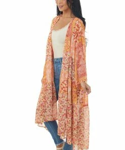 Umgee Salmon Multiprint Open Front Tiered Duster Kimono