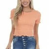 She + Sky Salmon Short Sleeve Smocked Crop Top With Ruffled Hemline