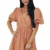 Ces Femme Salmon Surplice Short Puff Sleeve Swiss Dot Dress 2 Ces Femme Salmon Surplice Short Puff Sleeve Swiss Dot Dress