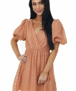 Ces Femme Salmon Surplice Short Puff Sleeve Swiss Dot Dress