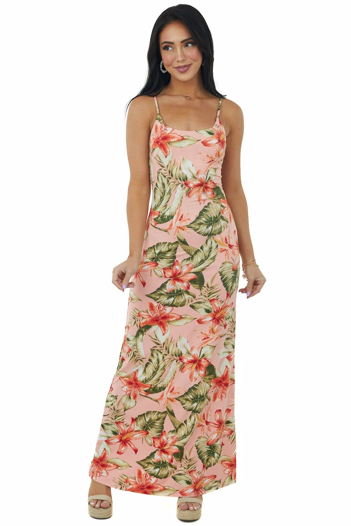 LIGHT SO SHINE Salmon Tropical Print Sleeveless Knit Maxi Dress Dresses 4 LIGHT SO SHINE Salmon Tropical Print Sleeveless Knit Maxi Dress Dresses