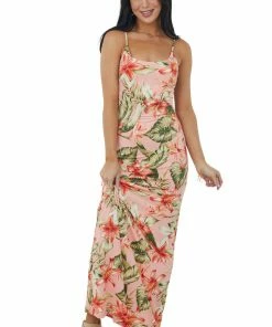 LIGHT SO SHINE Salmon Tropical Print Sleeveless Knit Maxi Dress Dresses