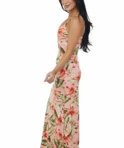 LIGHT SO SHINE Salmon Tropical Print Sleeveless Knit Maxi Dress Dresses 11 LIGHT SO SHINE Salmon Tropical Print Sleeveless Knit Maxi Dress Dresses