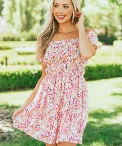 143 Story Dresses Salmon Floral Print Puff Sleeve Mini Dress