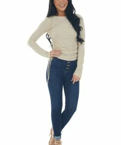 She + Sky Sand Metallic Thread Ruched Side Knit Top Tops