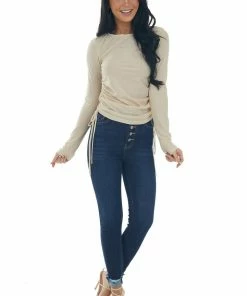 She + Sky Sand Metallic Thread Ruched Side Knit Top Tops