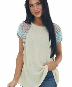 SugarFox Sand Two Tone Multi Print Raw Stitching Knit Top Tops