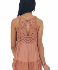 Listicle Sandstone Crochet Babydoll Flowy Knit Tank Top