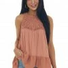 Listicle Sandstone Crochet Babydoll Flowy Knit Tank Top
