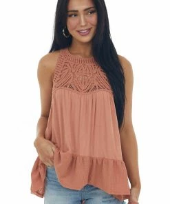 Listicle Sandstone Crochet Babydoll Flowy Knit Tank Top