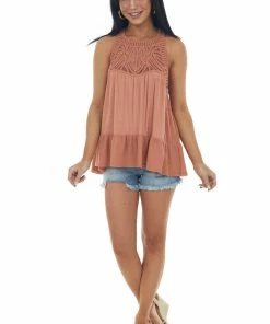 Listicle Sandstone Crochet Babydoll Flowy Knit Tank Top