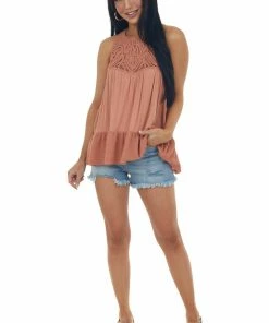 Listicle Sandstone Crochet Babydoll Flowy Knit Tank Top
