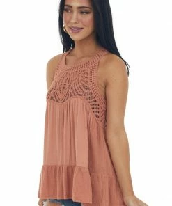 Listicle Sandstone Crochet Babydoll Flowy Knit Tank Top