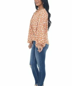 Umgee Tops Sandstone Printed Scalloped Surplice Blouse