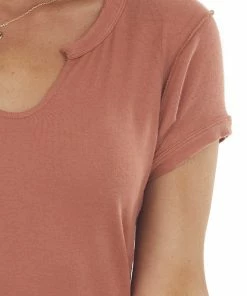 Ces Femme Sandstone Raw Edge Notch Neck Light Knit Top Tops