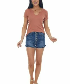 Ces Femme Sandstone Raw Edge Notch Neck Light Knit Top Tops