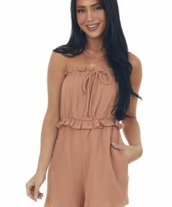 Ces Femme Sandstone Sleeveless Gauze Woven Frill Romper