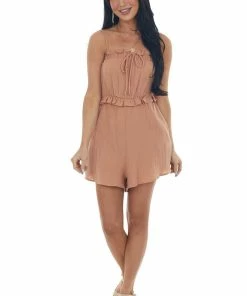 Ces Femme Sandstone Sleeveless Gauze Woven Frill Romper
