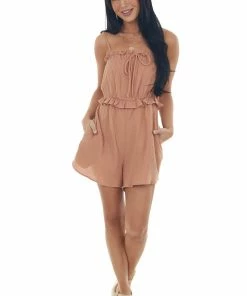 Ces Femme Sandstone Sleeveless Gauze Woven Frill Romper