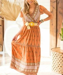 Ces Femme Sandstone Printed Surplice Woven Maxi Dress