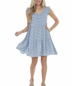 Ces Femme Sapphire Ditsy Floral Ruffle Cap Sleeve Dress Dresses