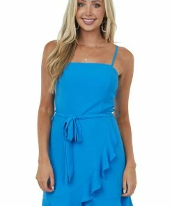 She + Sky Dresses Sapphire Front Wrap Tie Ruffle Mini Cami Dress