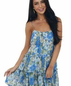 Lush Clothing Sapphire Multi Floral Tiered Cami Mini Dress