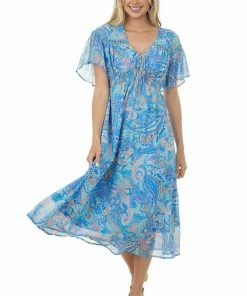 Umgee Sapphire Multi Printed Smocked Waist Midi Dress