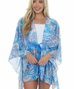 Umgee Tops Sapphire Paisley Print Waist Tie Detail Kimono