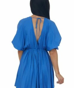 Glam Sapphire Plunging Neck Balloon Sleeve Dress Dresses