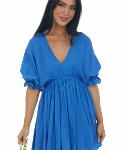 Glam Sapphire Plunging Neck Balloon Sleeve Dress Dresses