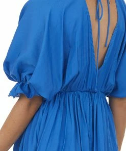Glam Sapphire Plunging Neck Balloon Sleeve Dress Dresses