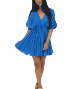 Glam Sapphire Plunging Neck Balloon Sleeve Dress Dresses