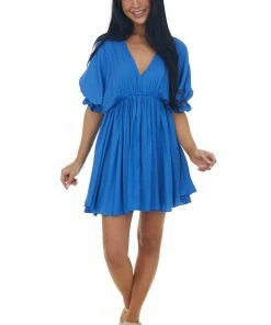 Glam Sapphire Plunging Neck Balloon Sleeve Dress Dresses