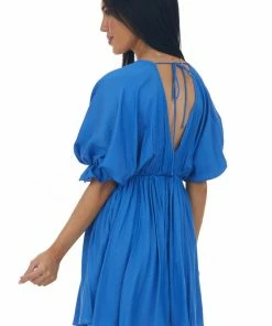 Glam Sapphire Plunging Neck Balloon Sleeve Dress Dresses