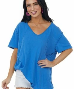 La Miel Sapphire Raw Edge Jersey Knit Pocket Tunic Top
