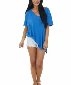 La Miel Sapphire Raw Edge Jersey Knit Pocket Tunic Top